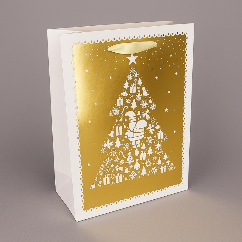 Lote de 12 bolsas de regalo de navidad blancas con motivos dorados en forma de abeto, 26 x 10 x 32 cm