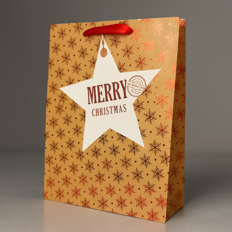 Lote de 12 bolsas de regalo de papel kraft beige con motivo de copos de nieve rojos, 26 x 10 x 32 cm