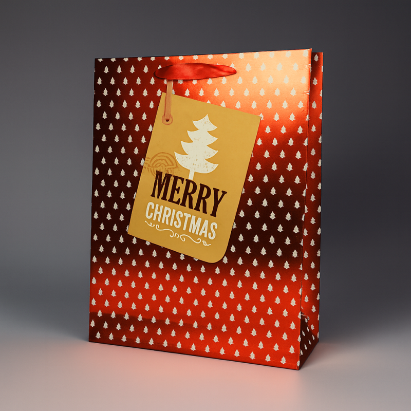 12 bolsas de regalo grandes de navidad rojas brillantes con motivo de abetos blancos 30x12x39cm