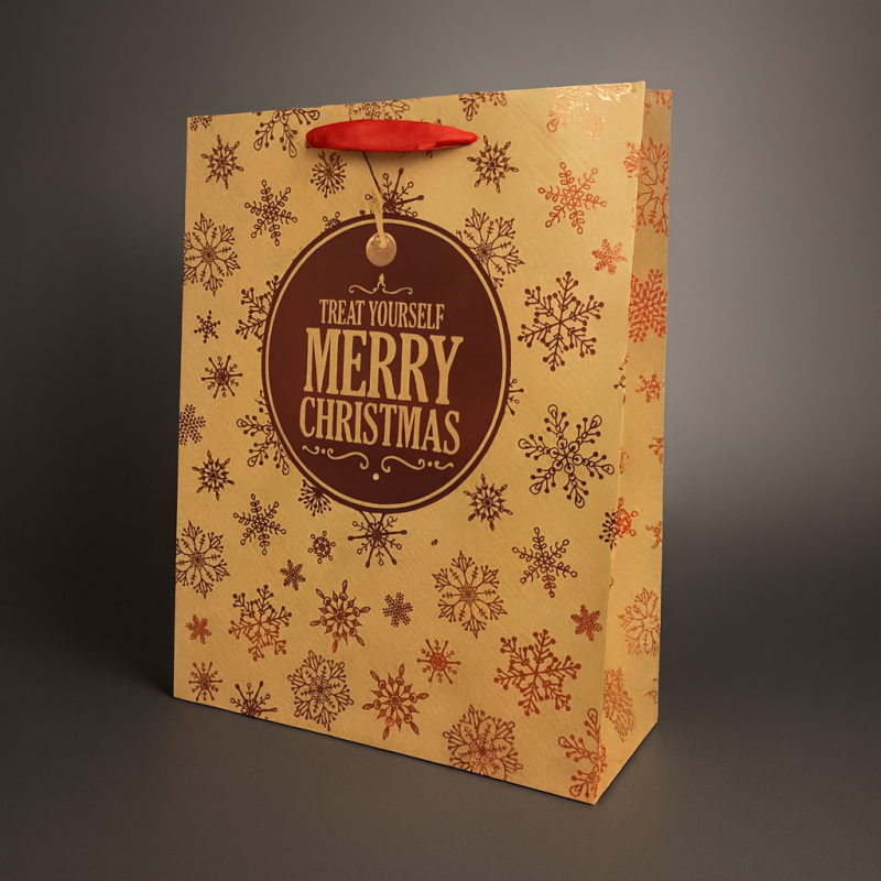 Lote de 12 bolsas de regalo de papel kraft beige con motivo de copos brillantes, 26 x 10 x 32 cm