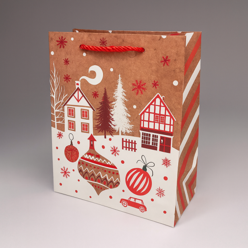 12 bolsas de navidad con motivo de bolas rojas brillantes sobre fondo efecto kraft 26x12x32 cm