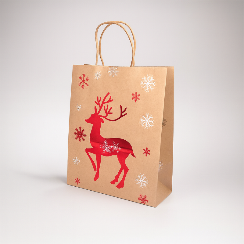 12 bolsas de papel kraft marrón natural con renos de navidad - 21 x 11 x 27 cm