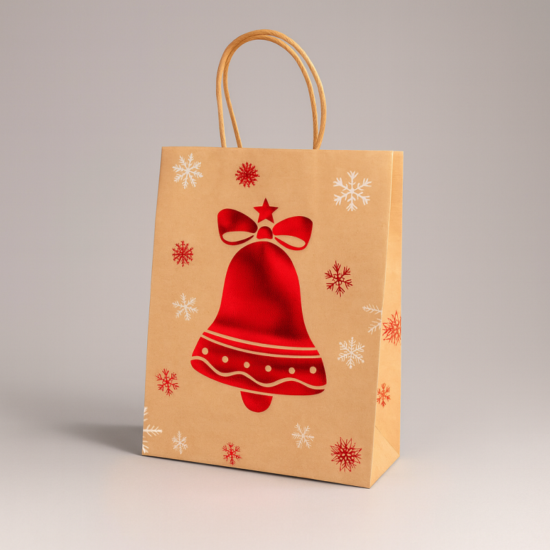 12 bolsas de papel kraft marrón natural con campana de navidad - 15 x 8 x 21 cm