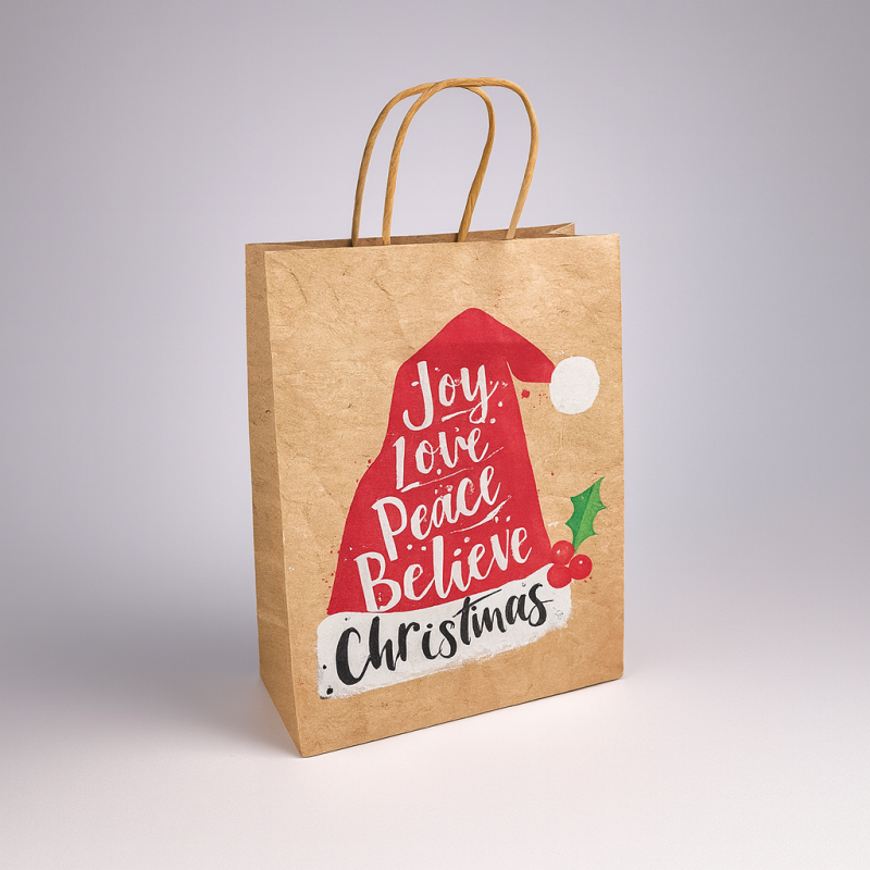 12 bolsas de papel kraft marrón natural con motivo de gorro de navidad 18,5 x 25,5 x 9,5 cm
