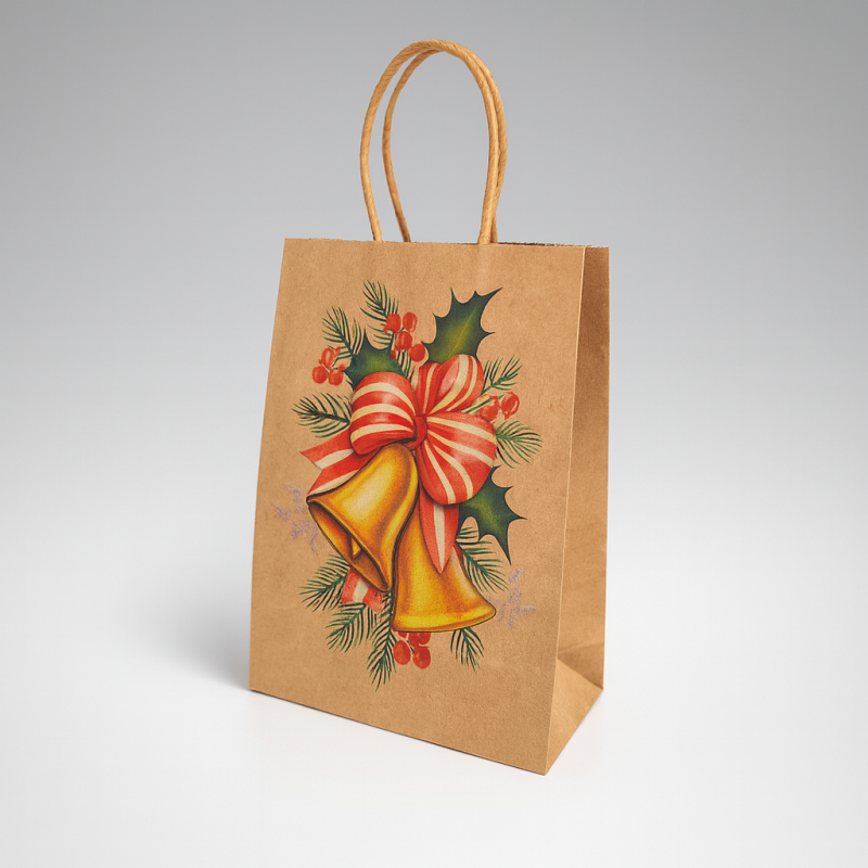 12 bolsas de papel con motivo de campana de navidad decorada - 15 x 8 x 21 cm