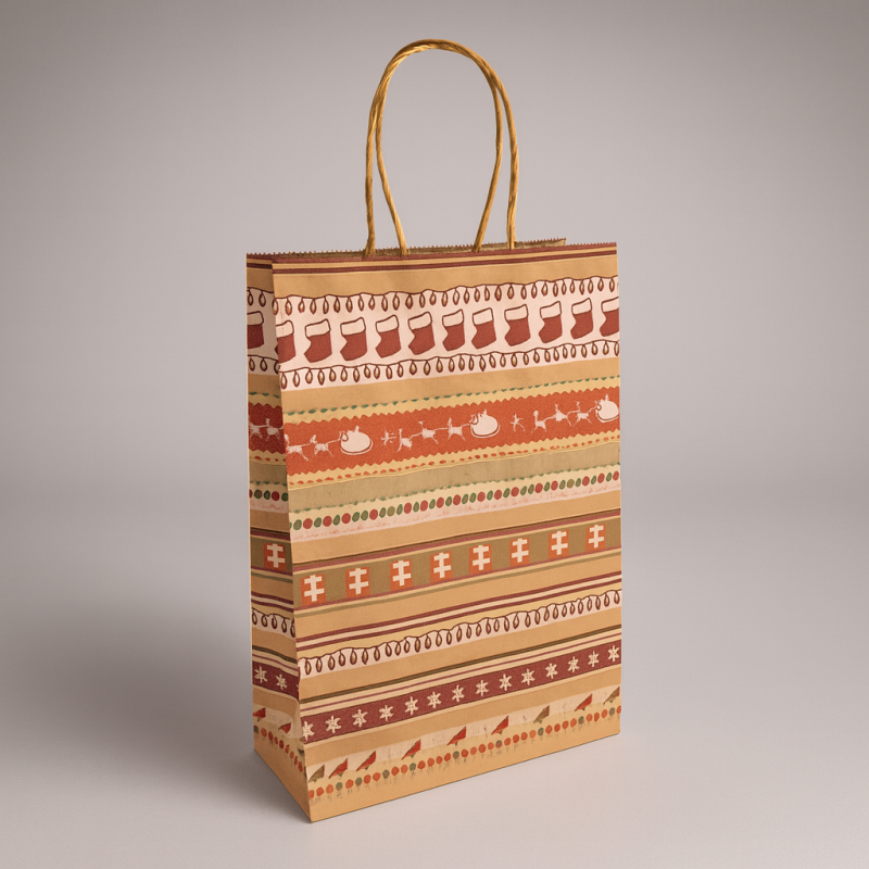 12 bolsas de papel kraft marrón natural con motivo de festón de navidad rojo 15x21x8 cm
