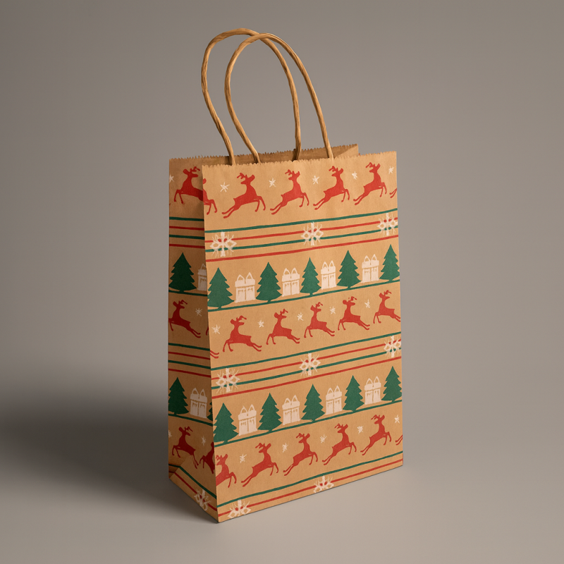12 bolsas de papel kraft marrón con motivo de friso de navidad rojo y verde 15x21x8cm