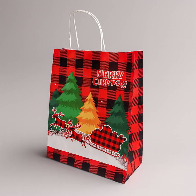 12 bolsas a cuadros rojas y negras con motivos de árboles de navidad - 21 x 11 x 27 cm