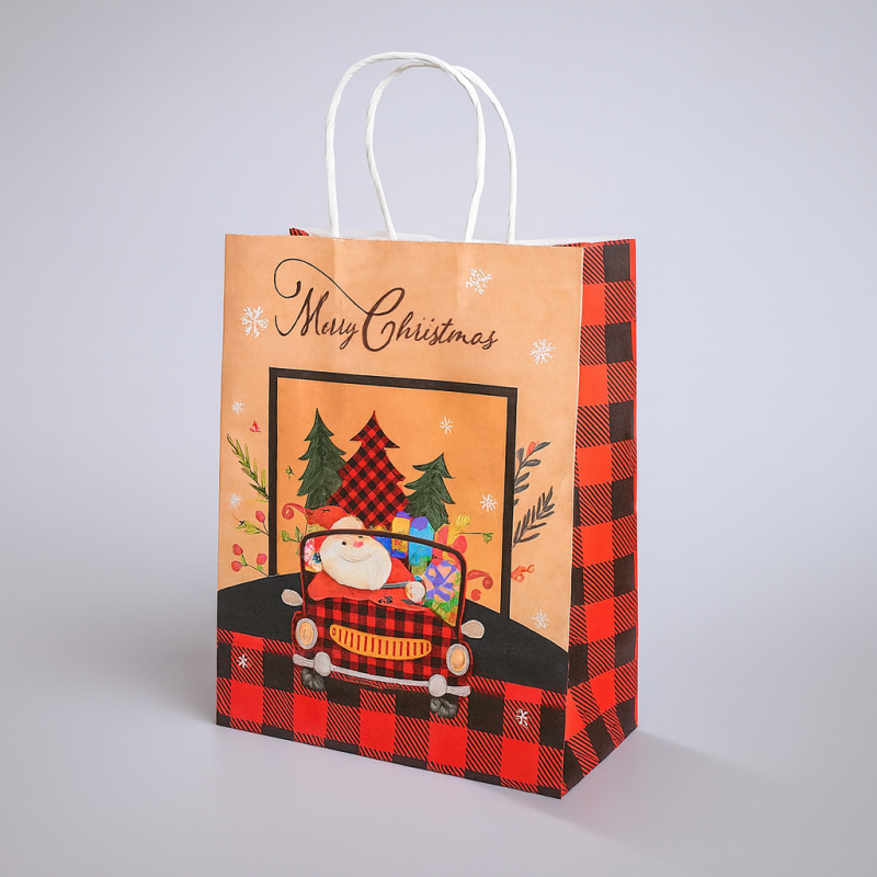 12 bolsas de papel kraft a cuadros rojos y negros con motivo de Papá Noel - 21x11x27 cm