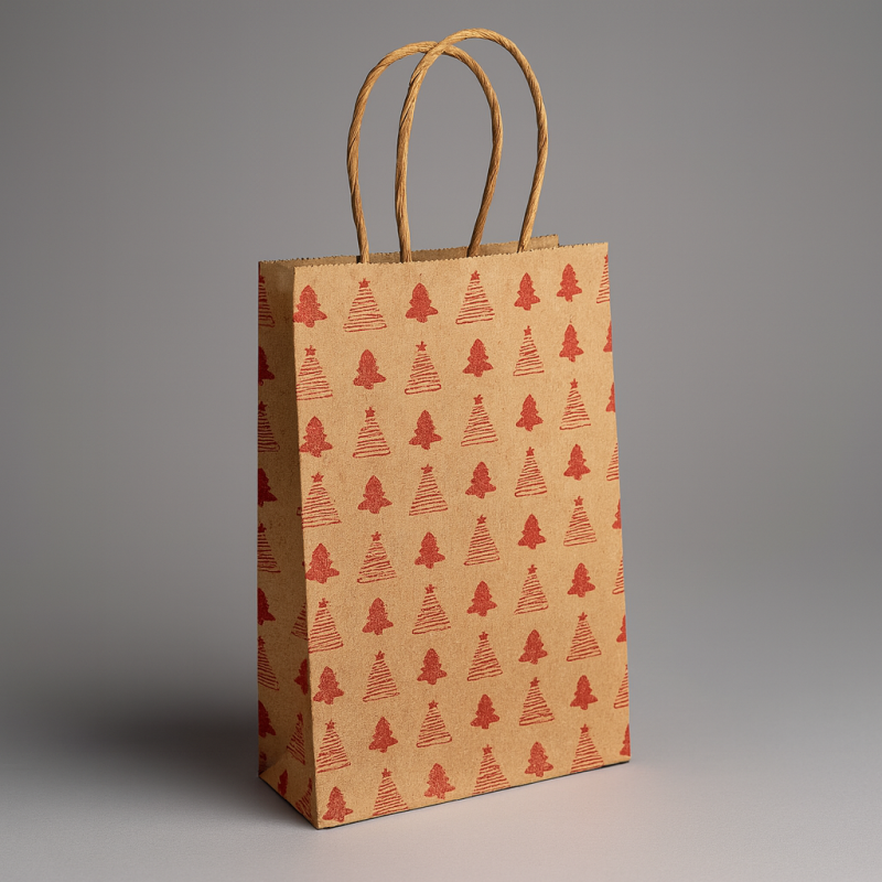 12 bolsas de papel kraft marrón con motivo de abetos de navidad rojos 15x21x8 cm