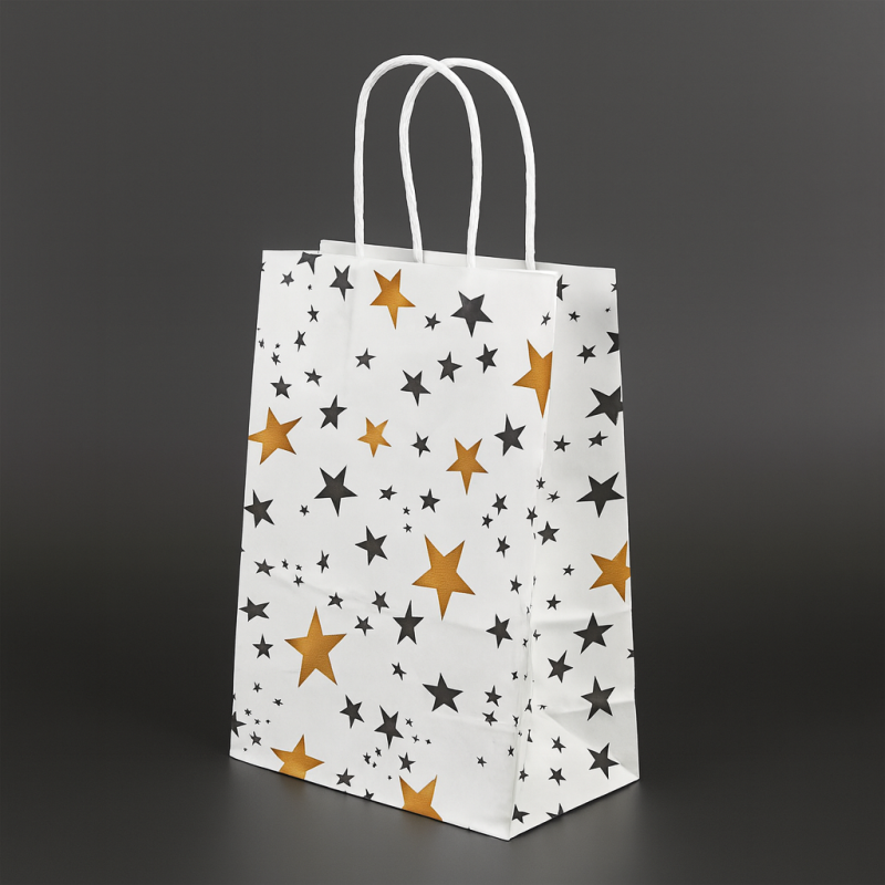 12 bolsas de papel kraft liso blanco con decoraciones de estrellas, 18,5 x 9,5 x 25,5 cm