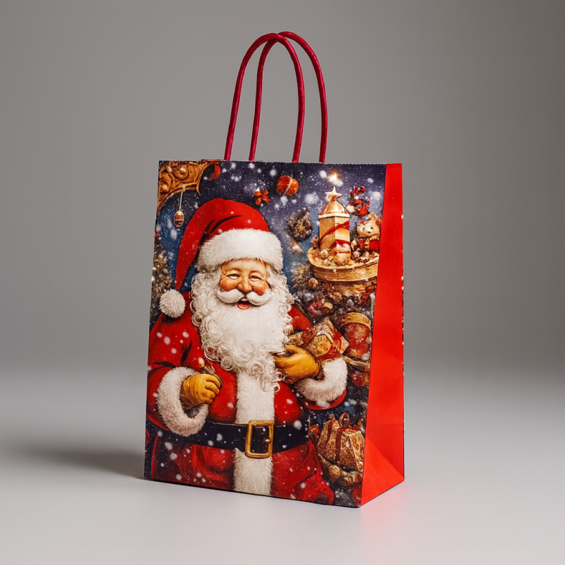 12 bolsas de papel kraft con asas de Papá Noel vintage 21x11x27cm