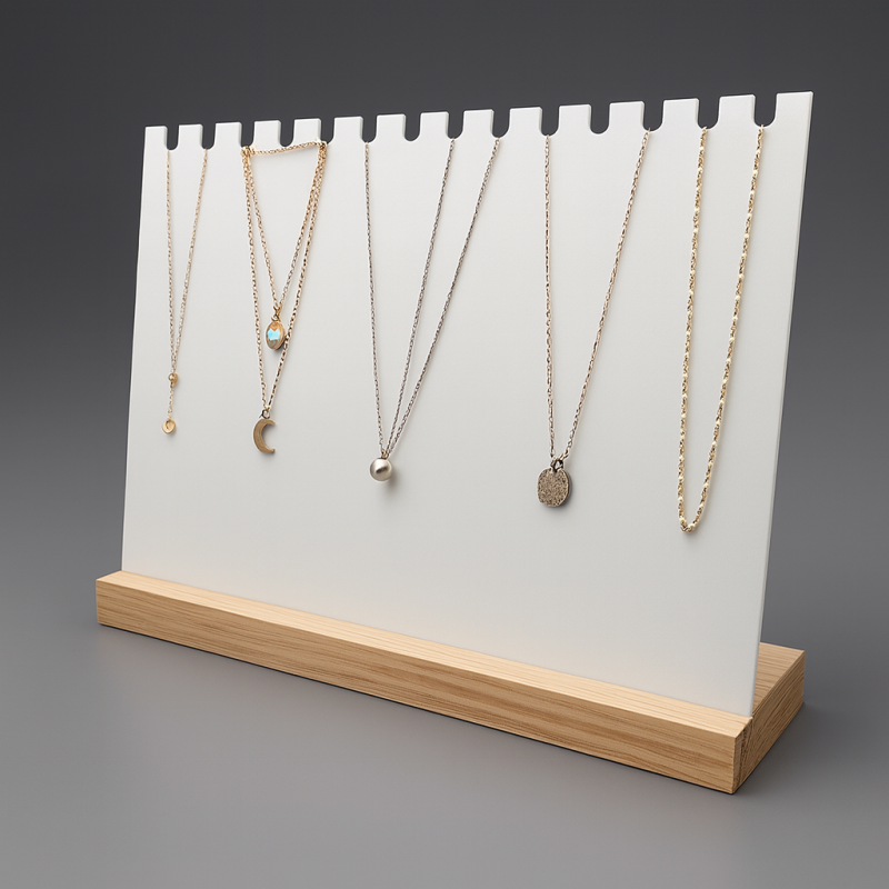 Expositor horizontal para collares de metacrilato sobre base de madera - Blanco