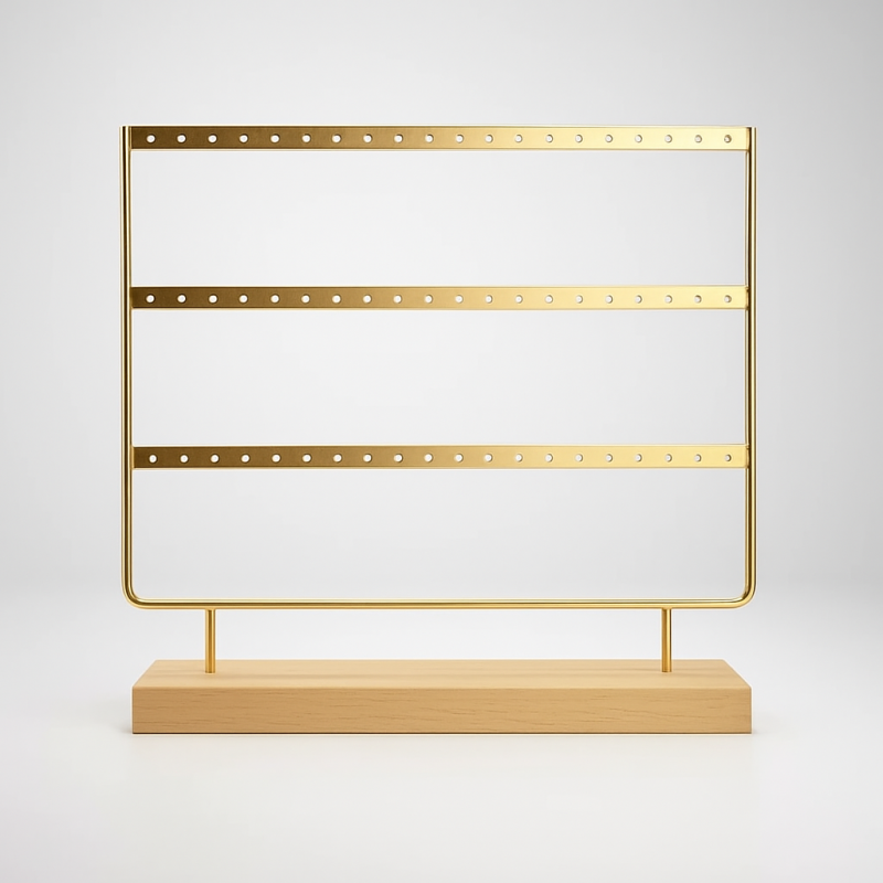 Soporte para pendientes de madera clara y metal dorado, 33 pares