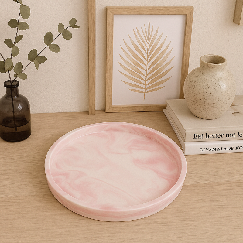 Bandeja redonda pequeña de cerámica con efecto marmolado rosa claro