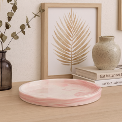 Bandeja redonda grande de cerámica con efecto marmolado rosa claro