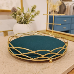 Bandeja decorativa para joyas de metal dorado y terciopelo azul pato
