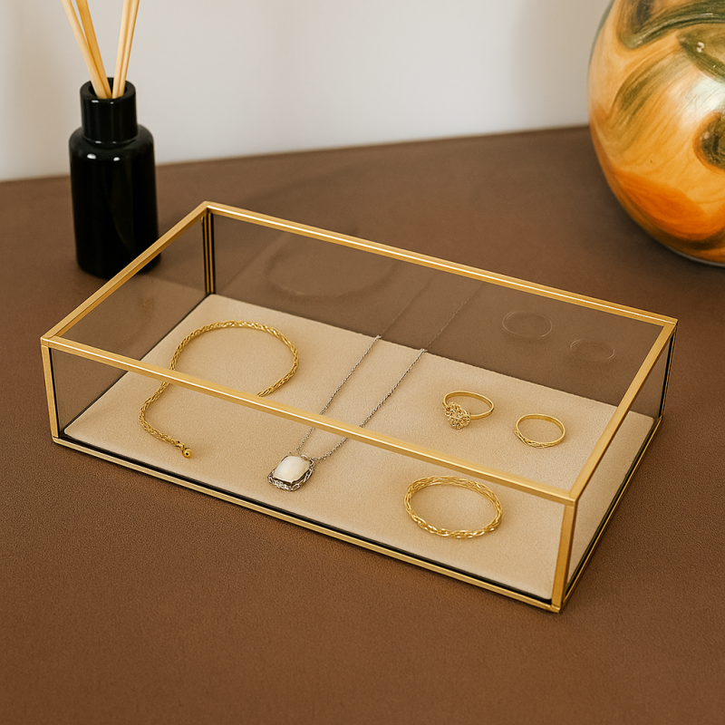 Bandeja para joyas vacía de metal dorado y vidrio con fondo de ante color beige crema