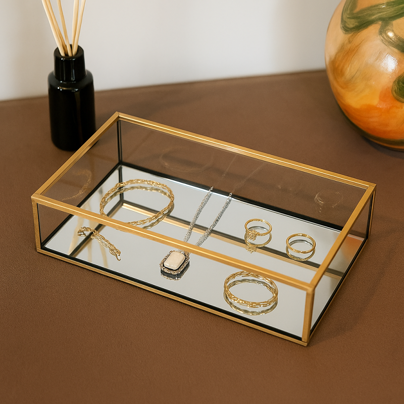 Bandeja grande para joyas de metal dorado y vidrio con fondo de espejo, 29 x 17,5 x 6,5 cm