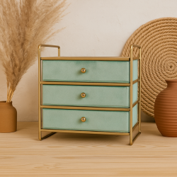 Mini-cómoda de mostrador «Organización y existencias» - 3 cajones de terciopelo verde almendra