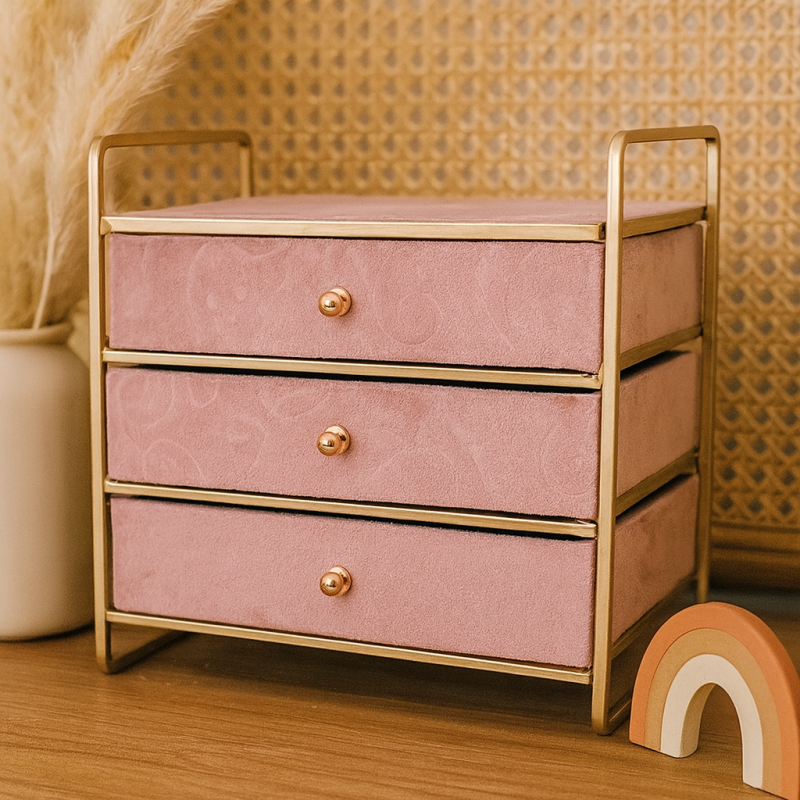 Mini-cómoda de mostrador «Organización y existencias» - 3 cajones de terciopelo rosa