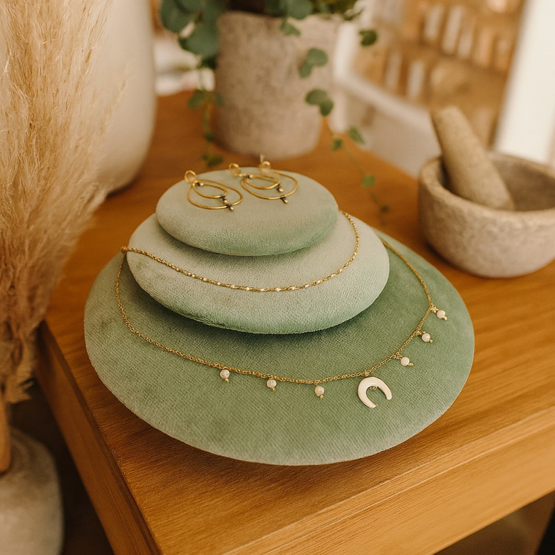 Lote de 3 estuches decorativos de terciopelo verde almendra