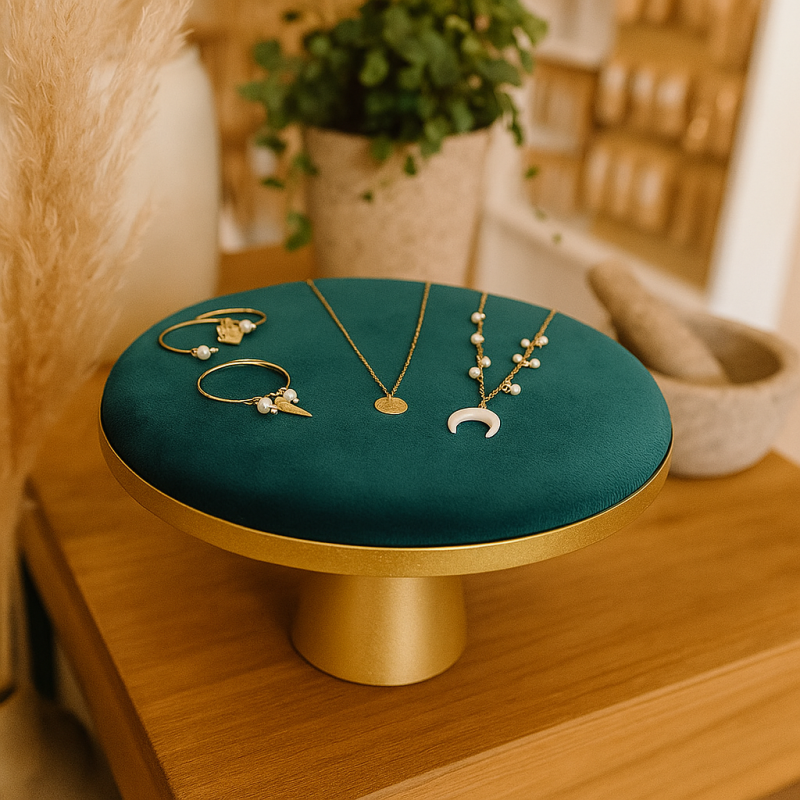 Mesa expositora de joyas de terciopelo azul pato y pie central dorado