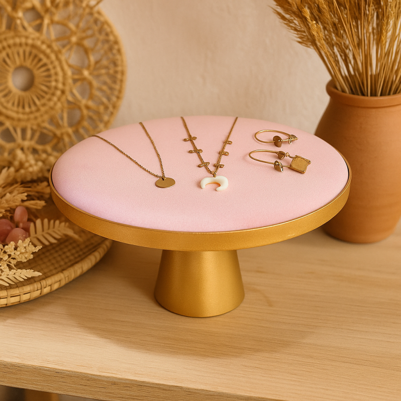 Mesita de exposición para joyas de metal dorado y terciopelo rosa