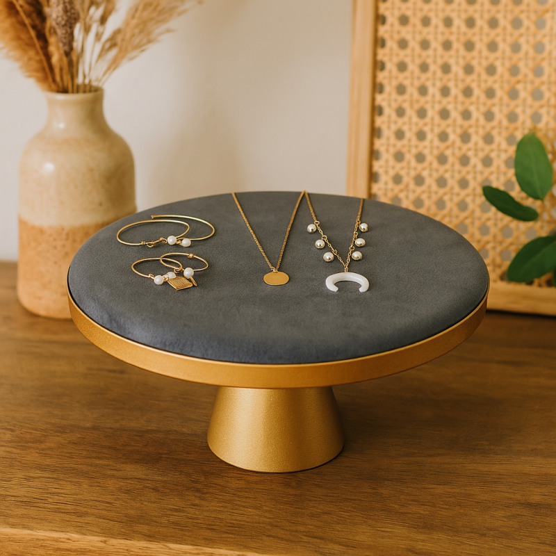 Mesa expositora de joyas de terciopelo gris antracita y pie central dorado