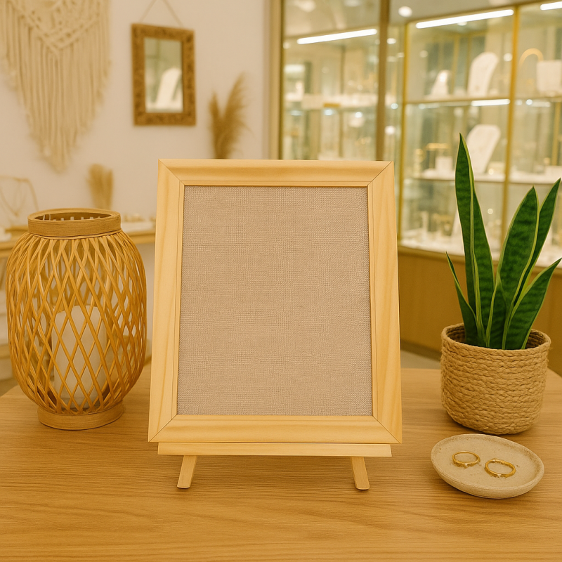 Porte bijoux cadre en bois et coton beige naturel sur chevalet - 9903