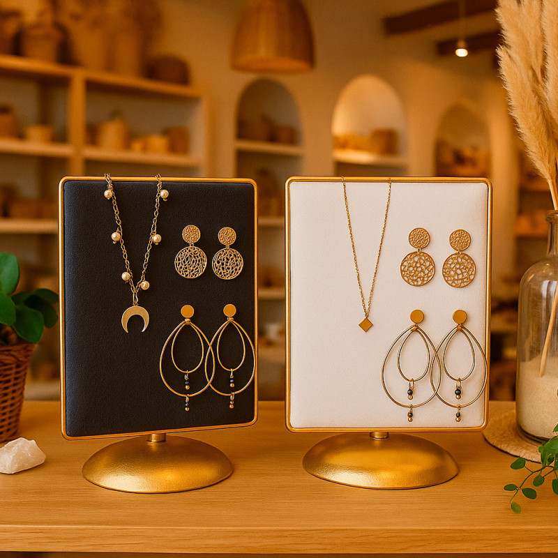 Pequeño joyero reversible de terciopelo crudo y gris ratón sobre base de metal dorado