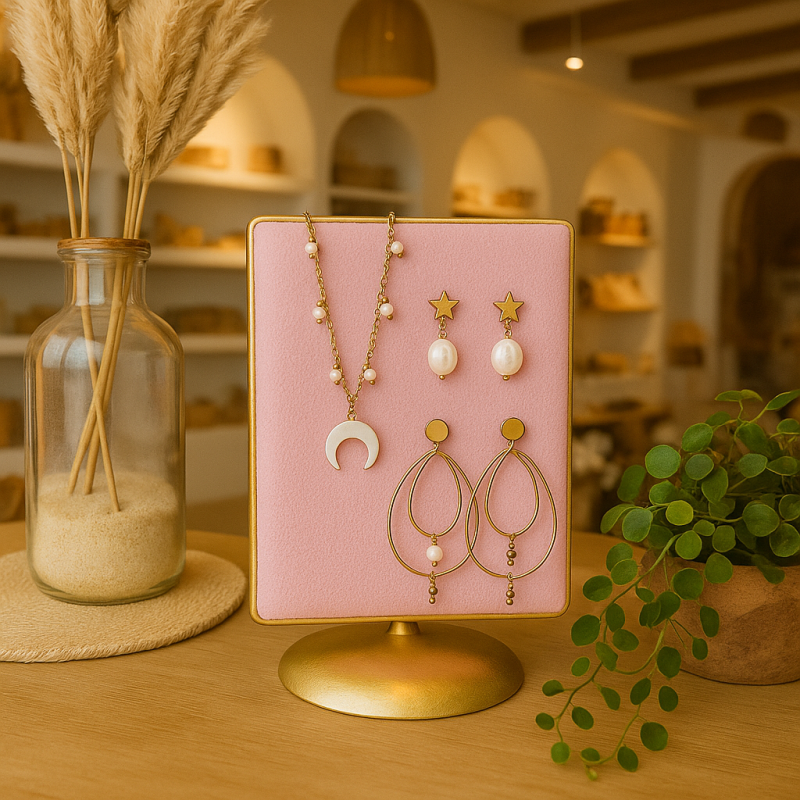 Pequeño joyero de terciopelo rosa empolvado sobre base de metal dorado