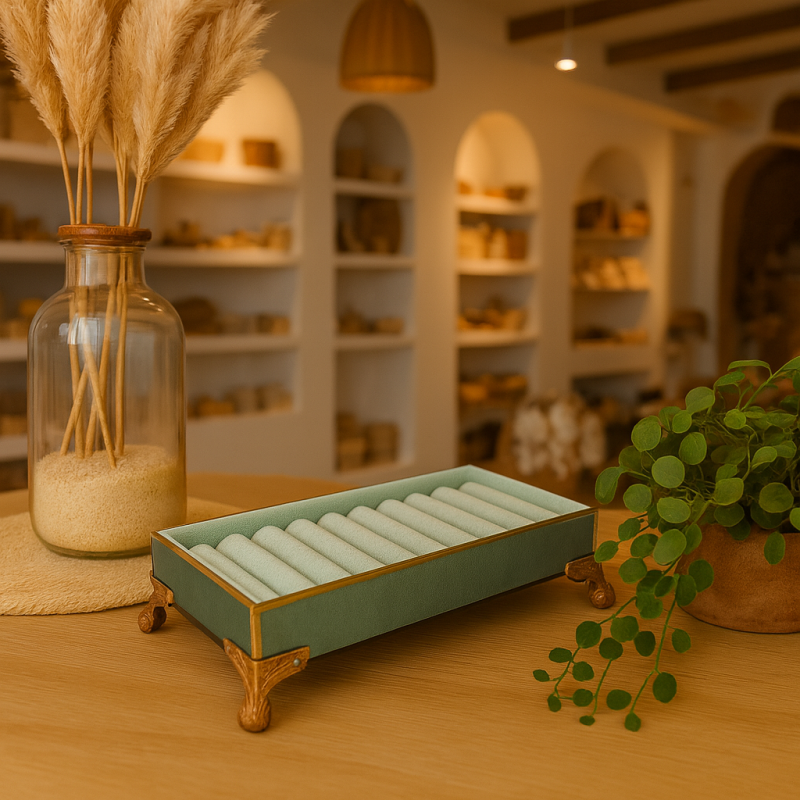 Porta anillos de estilo barroco de terciopelo verde almendra y dorado