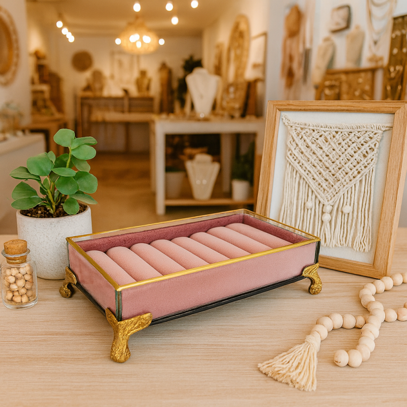 Porta anillos de estilo barroco de terciopelo rosa y dorado