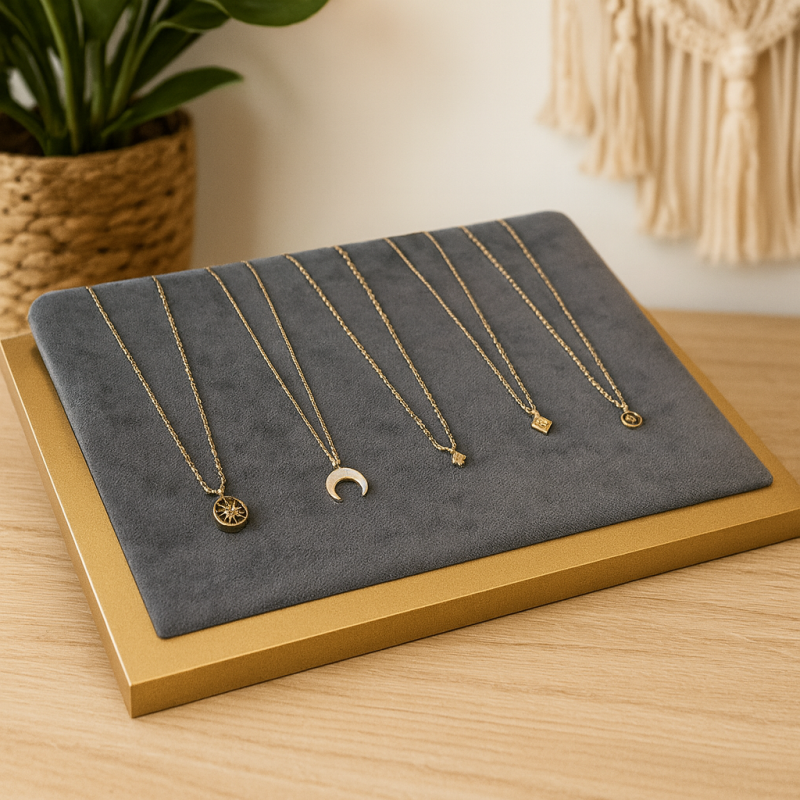 Bandeja inclinada para collares de madera dorada y terciopelo gris antracita