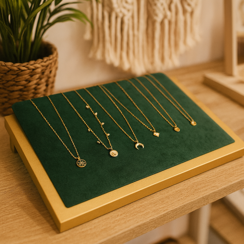 Bandeja inclinada para collares de madera dorada y terciopelo verde oscuro