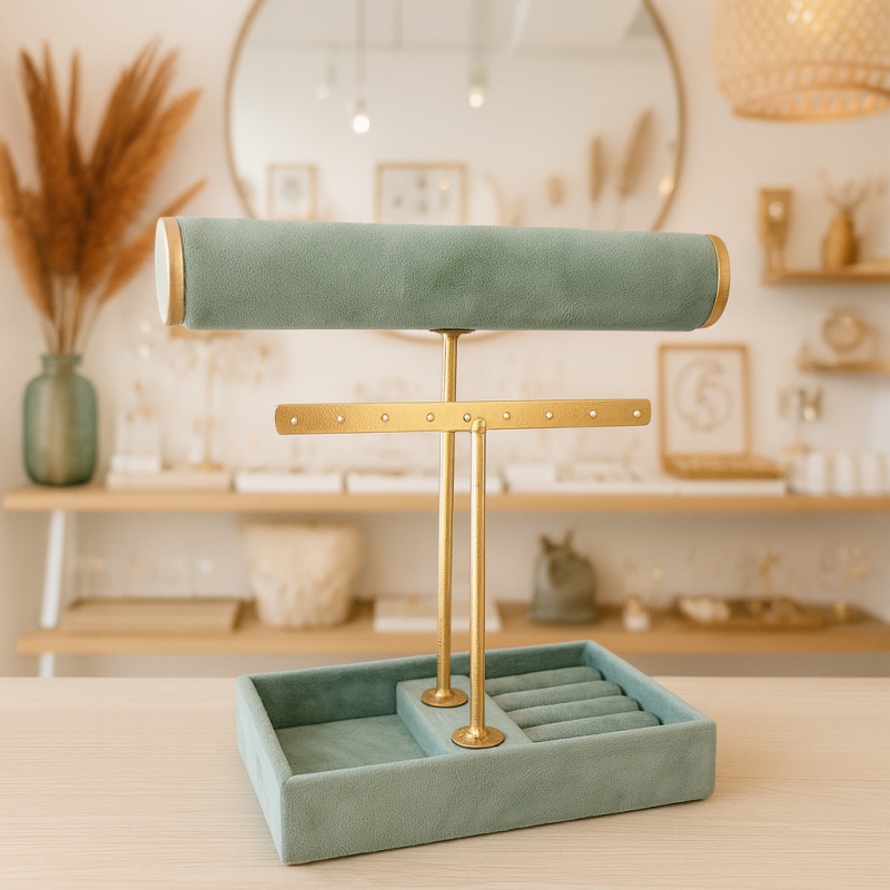 Expositor para joyas para pulseras, pendientes y anillos de terciopelo verde almendra