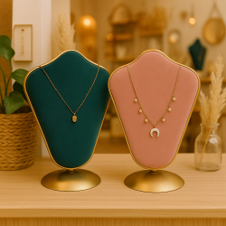 Busto para joyas de metal dorado y terciopelo bicolor rosa empolvado y azul pato