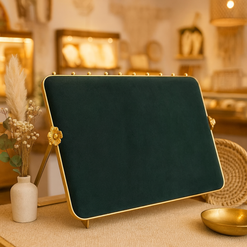 Gran expositor de collares de metal dorado y terciopelo bicolor verde almendra y verde