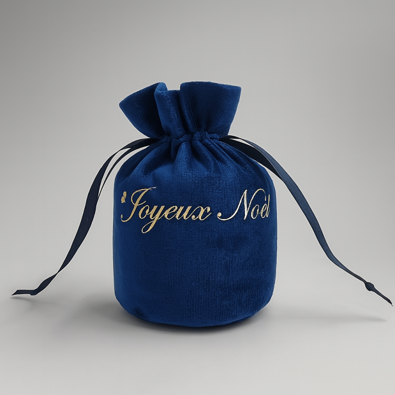 Lote de 10 bolsas de terciopelo «Feliz Navidad» de 14 x 15 + 9 cm - Azul noche