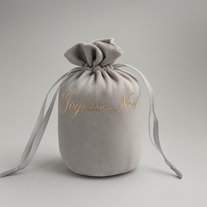 Lote de 10 bolsas de terciopelo «Feliz Navidad» de 14 x 15 + 9 cm - Gris plateado