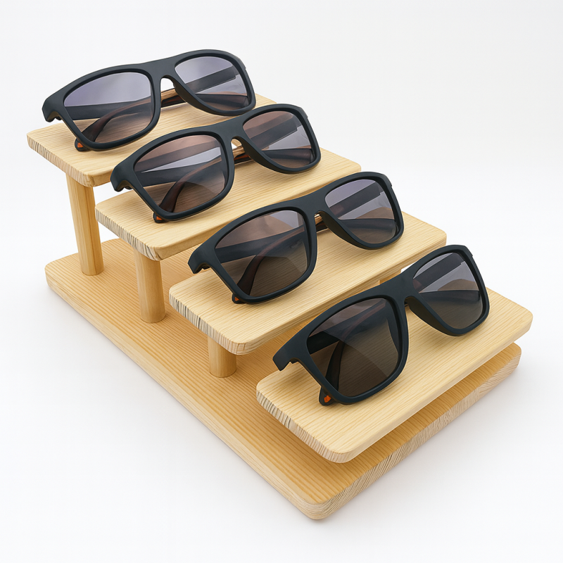 Soporte para gafas de madera en bruto con forma de escalera para 4 pares, soporte para gafas