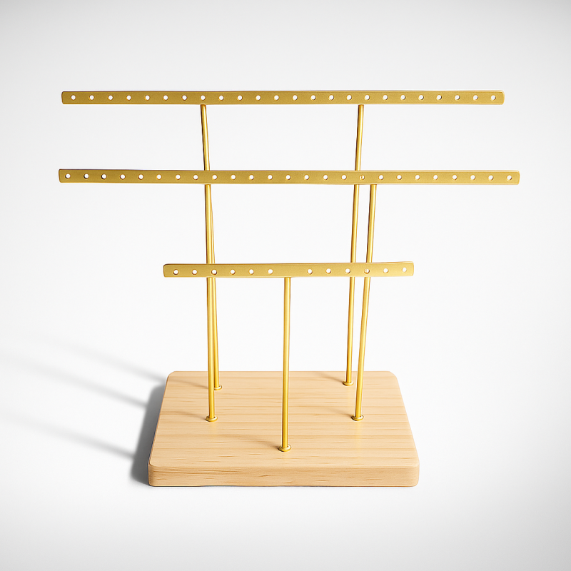 Gran soporte para pendientes con forma de T de metal dorado y de madera