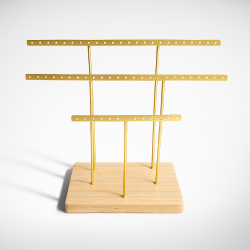 Gran soporte para pendientes con forma de T de metal dorado y de madera