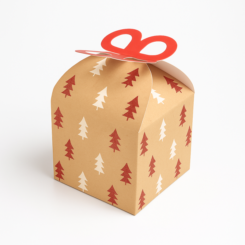 12 cajas con motivo de abetos y fondo de color beige, 7 x 7 x 6 cm