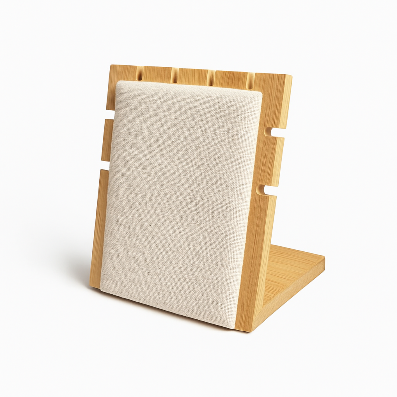 Pequeño expositor para joyas para cadenas de madera y algodón beige