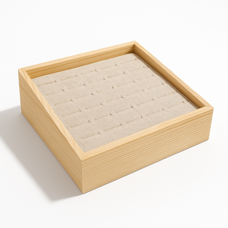 Pequeña bandeja inclinada de madera y algodón beige natural para anillos