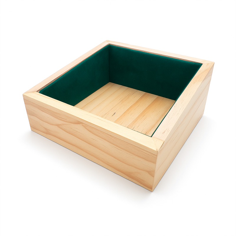 Pequeño expositor para cojín de reloj de madera y ante verde esmeralda