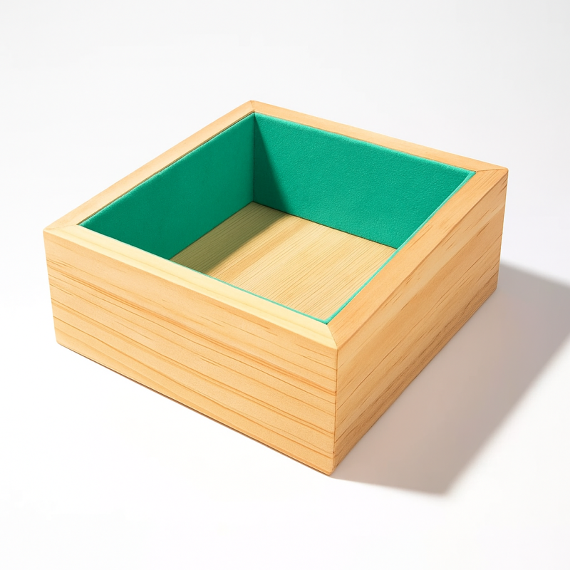 Pequeño expositor «Riviera» – Estructura de madera y ante sintético verde laguna