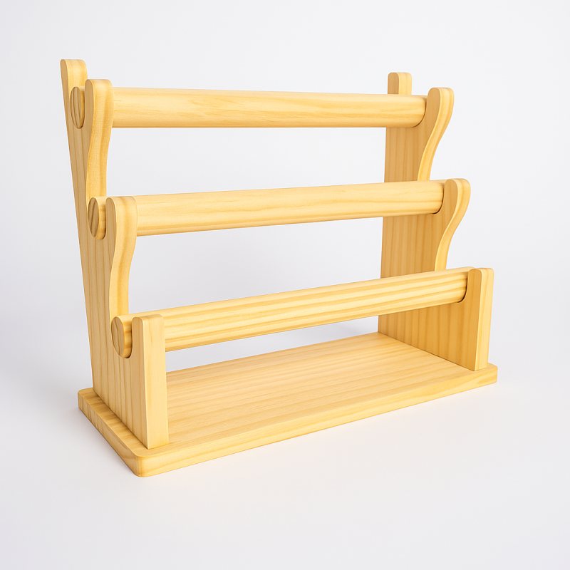 Expositor de pulseras con 3 rodillos extraíbles de madera clara natural
